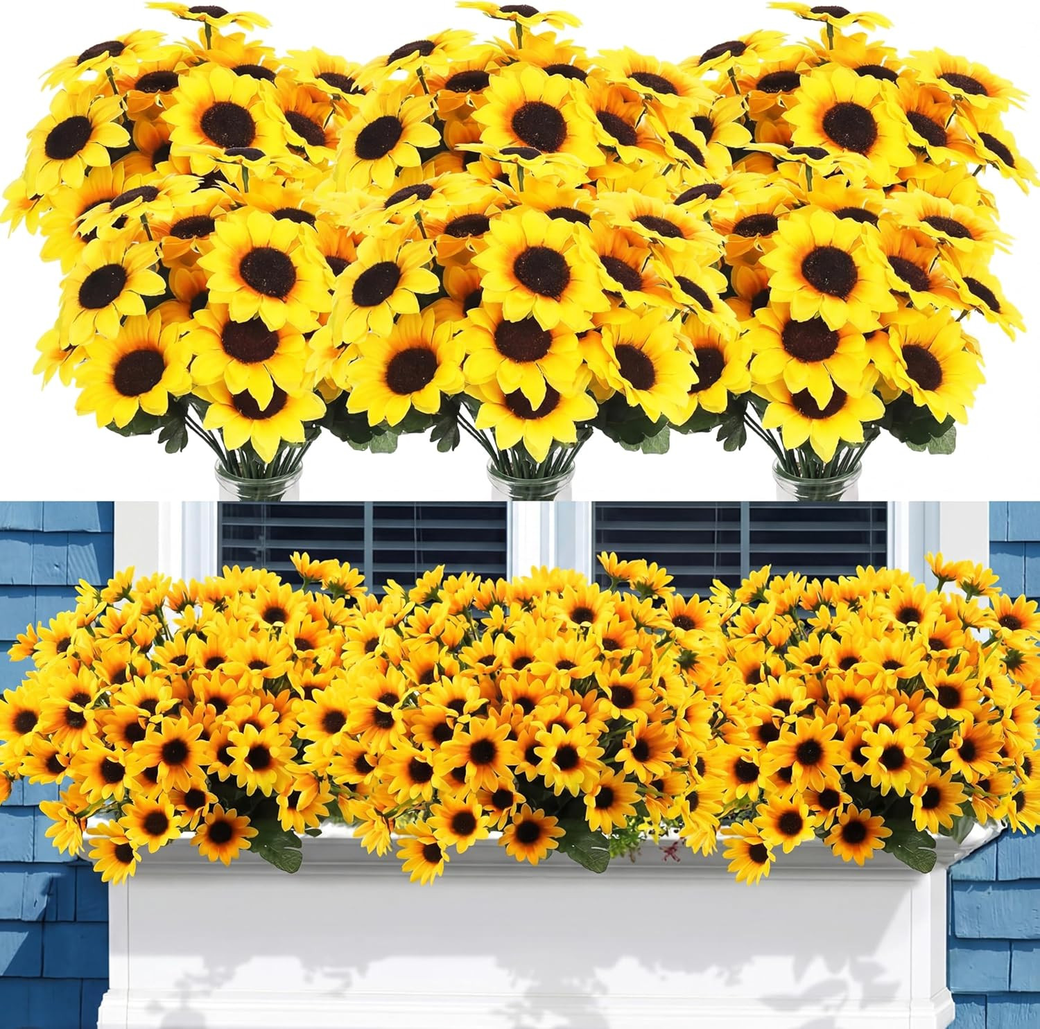 24 Bundles Yellow Sunflower Faux Mums – UV Resistant Outdoor Decor Bulk