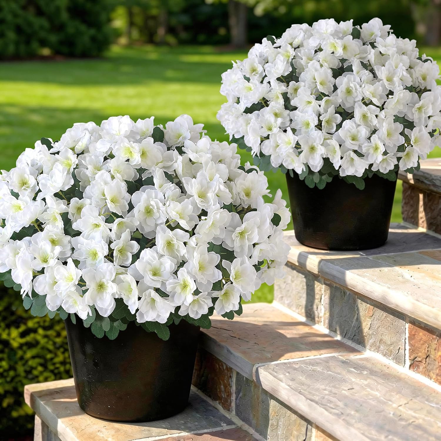 Set of 2 White Artificial Azalea Topiary Trees for Outdoor Decor