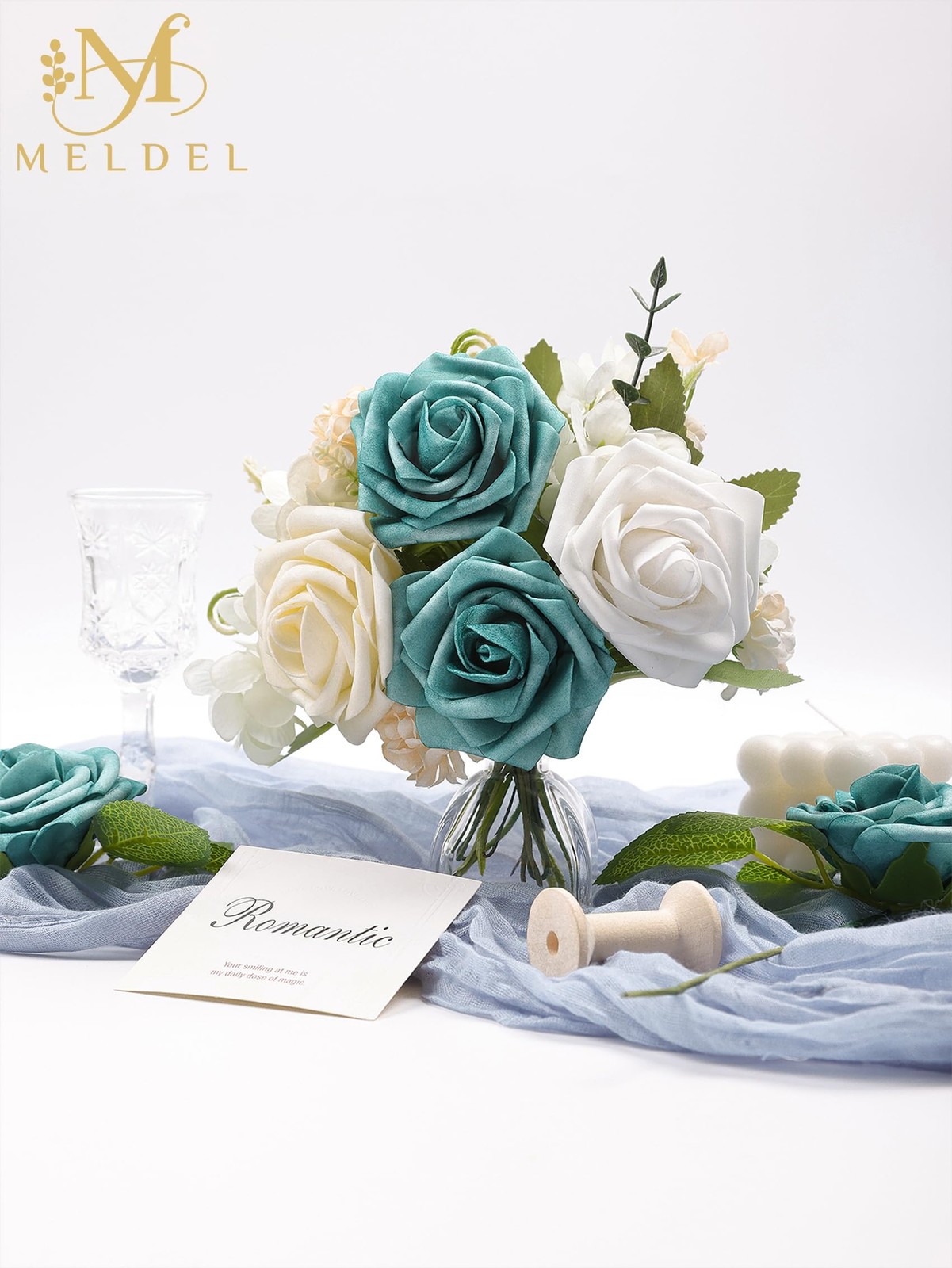 Artificial Flowers 25 Pack Dark Teal Faux Foam Roses with Stems, Real Looking…