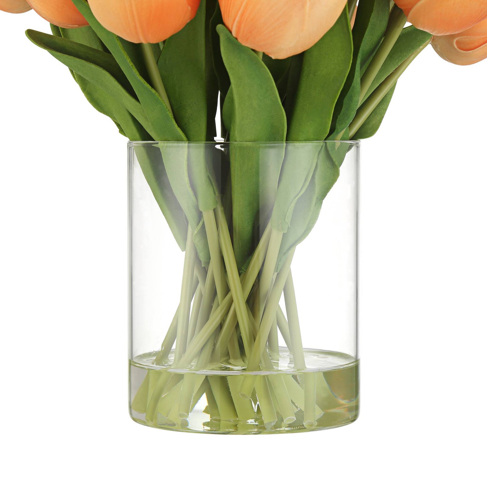 Emmie Orange Tulips 12″ High Faux Flower in Clear Glass Vase