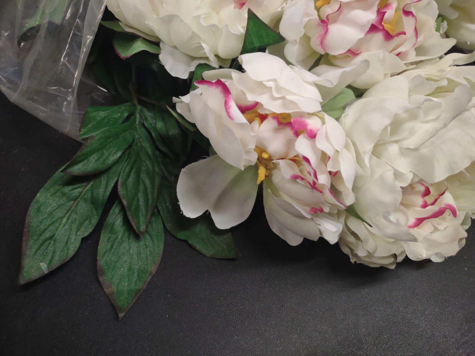 Realistic Silk Peony Bush 21″, Festiva Maxima Peonies, 7 Blooms White Variegated