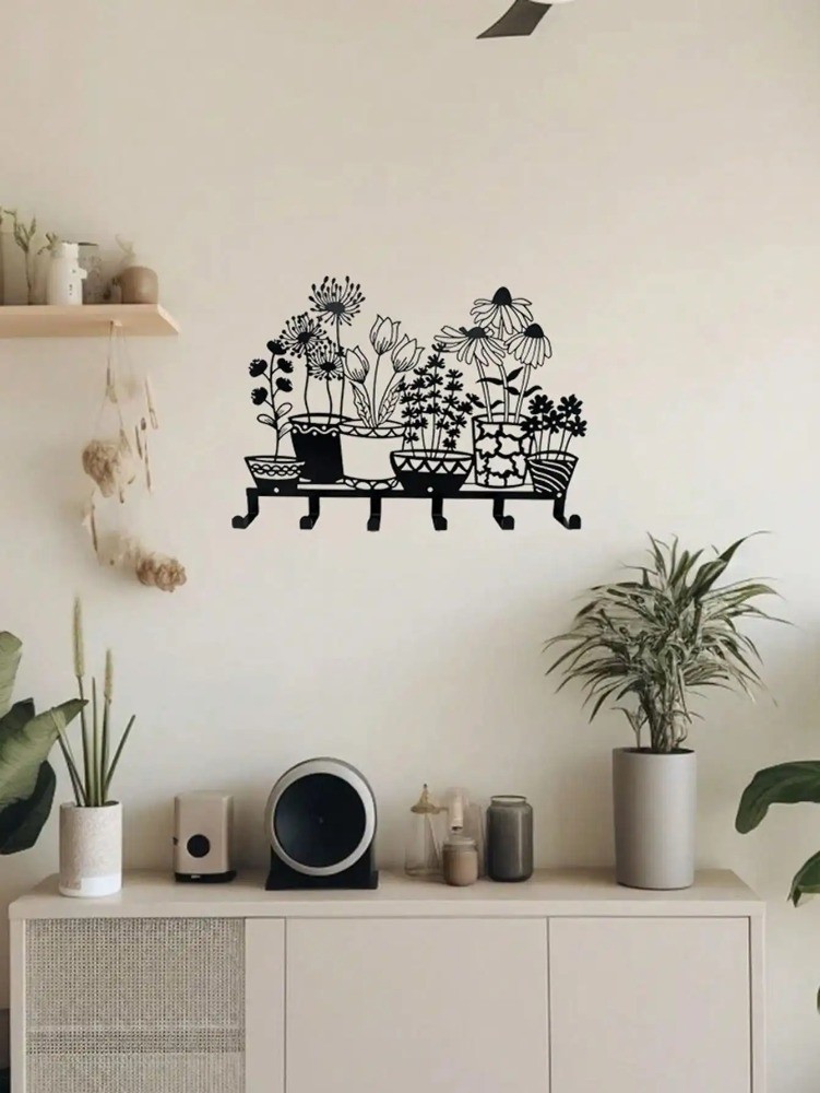 Black Vase Line Art Metal Key Hook – Minimalist Wall Storage Home Holiday Decor