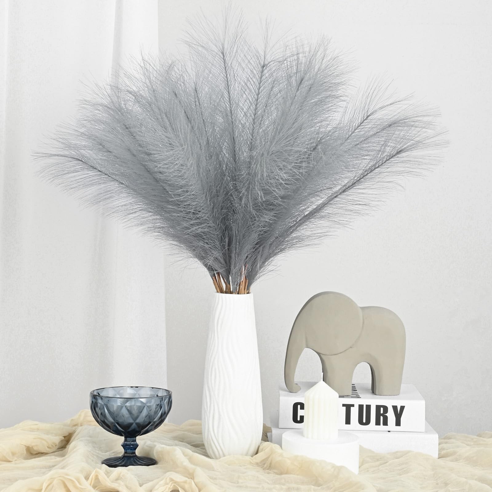 36PCS Grey Faux Pampas Grass 21.7 Inch, Small Artificial Pampas Grass Decor f…