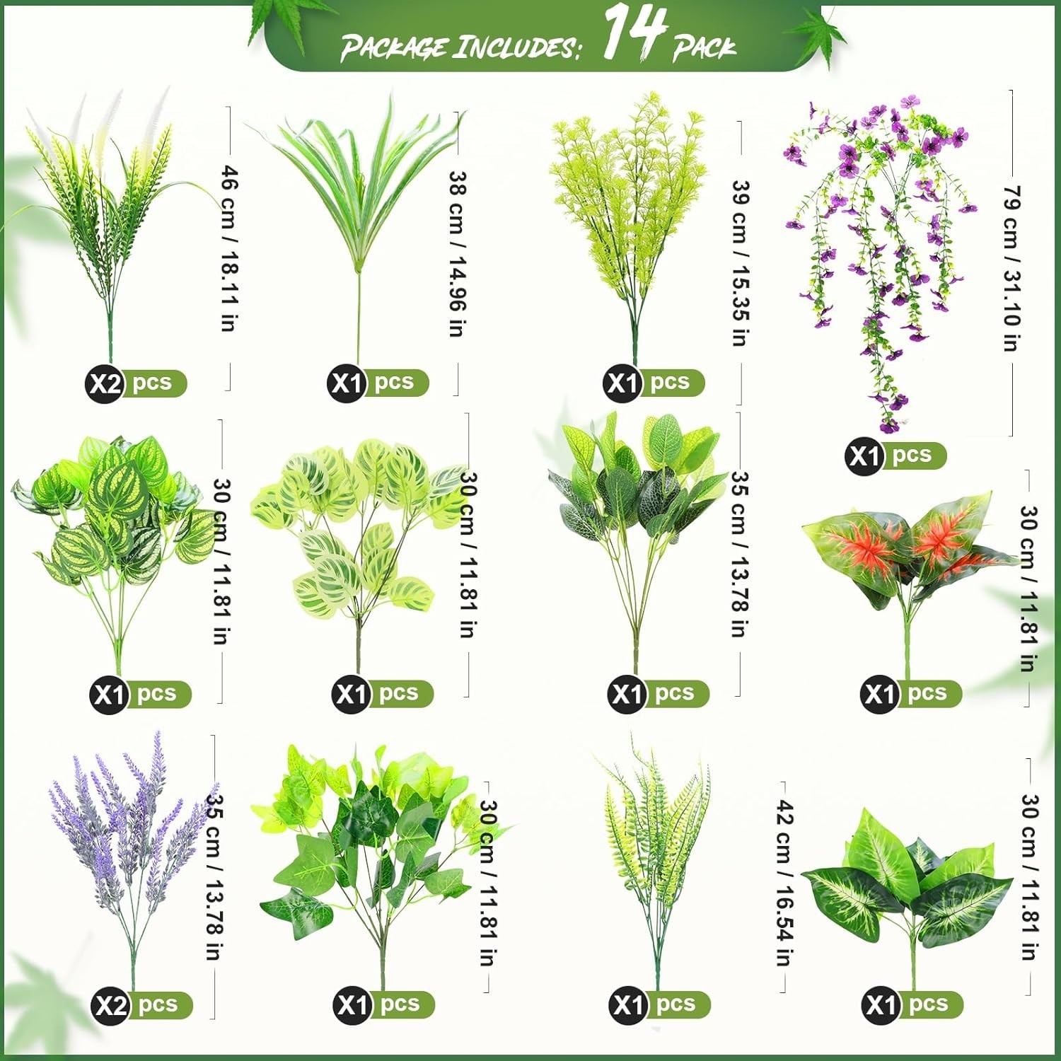 Maintenance-Free 14 Pack of Realistic Fake Plants for Pots & Window Boxes