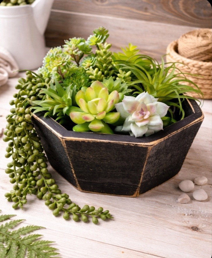 Artificial Succulent Arrangement in Wooden Planter Green Brown Centerpiece