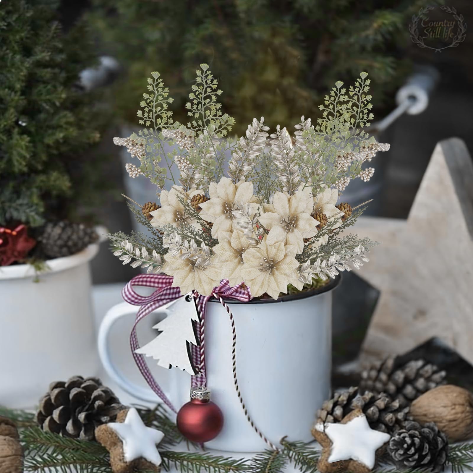 2 PCS Artificial Christmas Flowers Poinsettia Golden Velvet Berries Winter