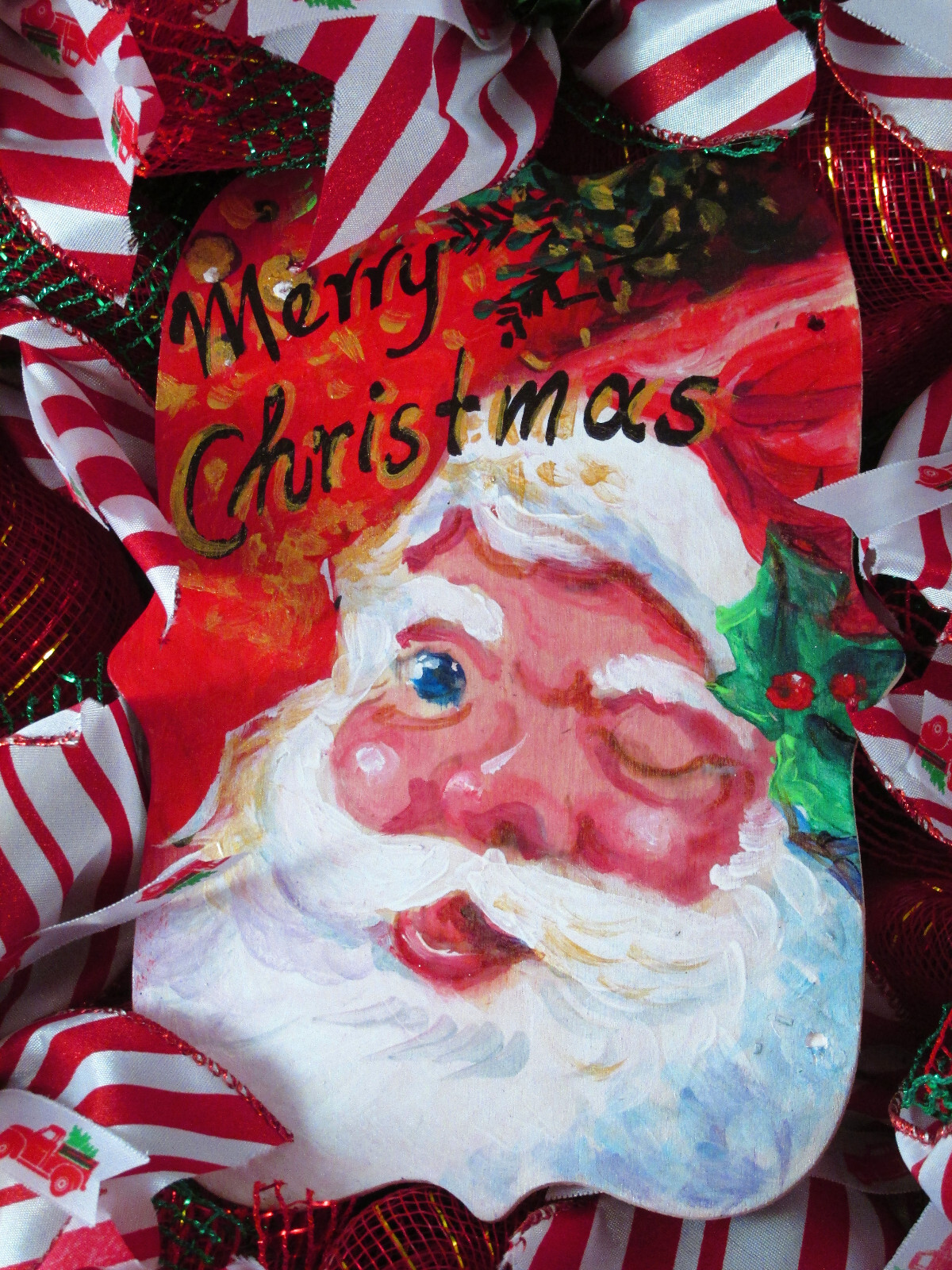 Green Red and White Peppermint Ribbon Deco Mesh Wreath