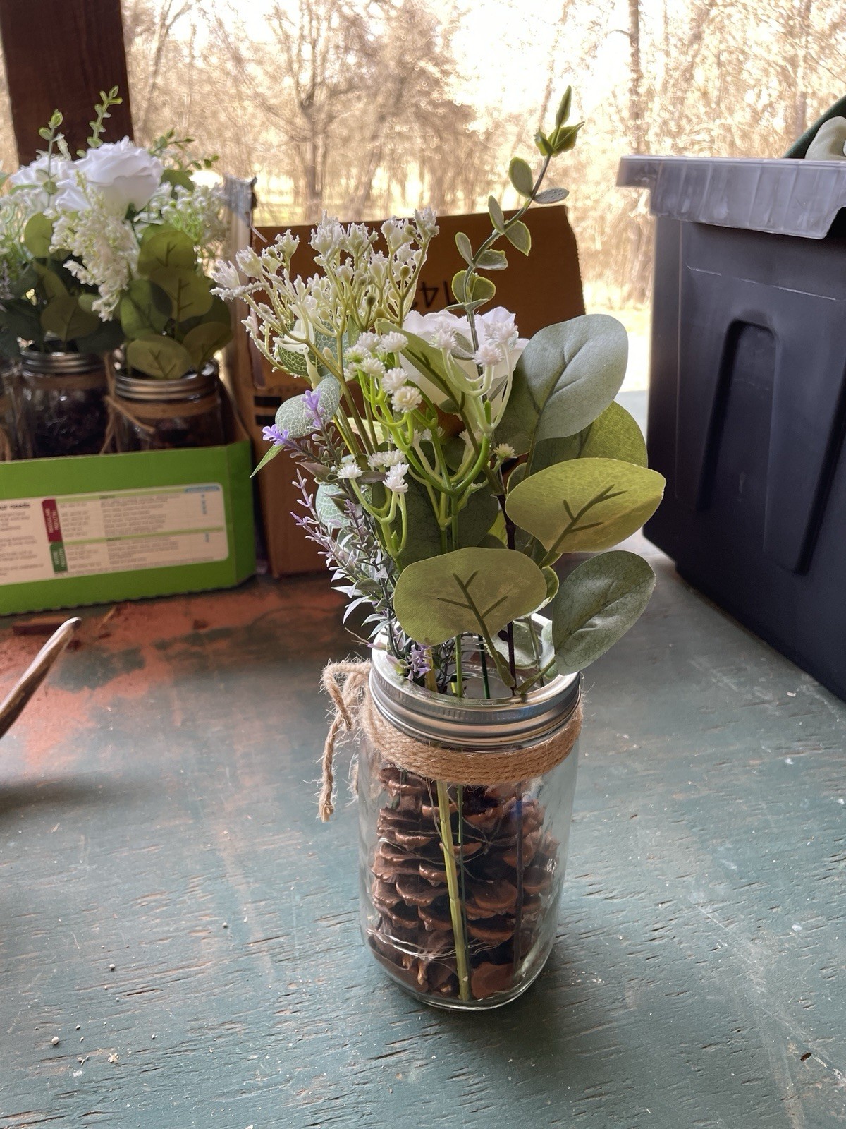 Artificial White Rose Mason Jar Centerpiece w/ Greenery Pinecones