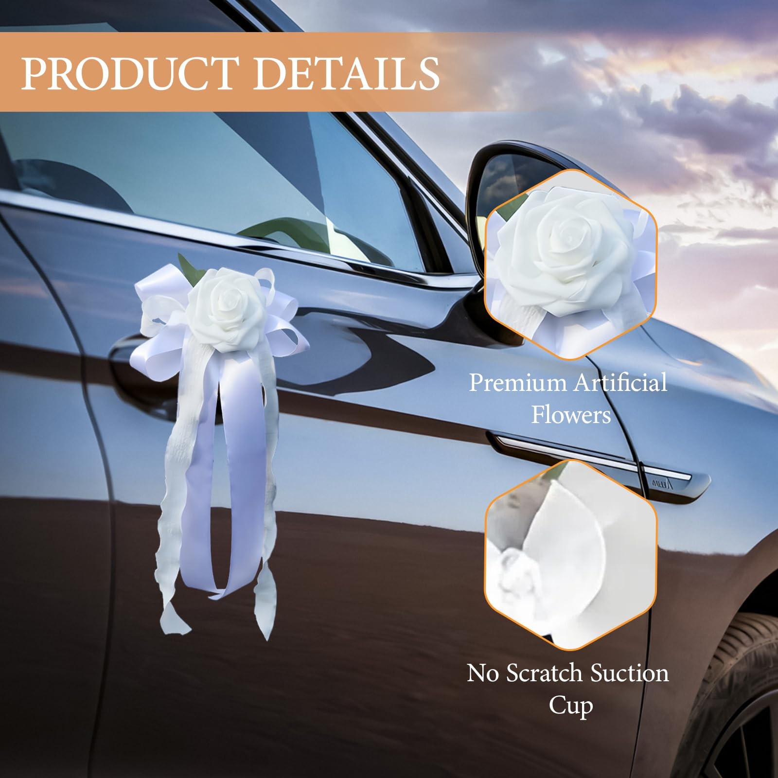 White Artificial Flower Bow, Ribbon, Wedding Car Decor, Door Handle, Rearview