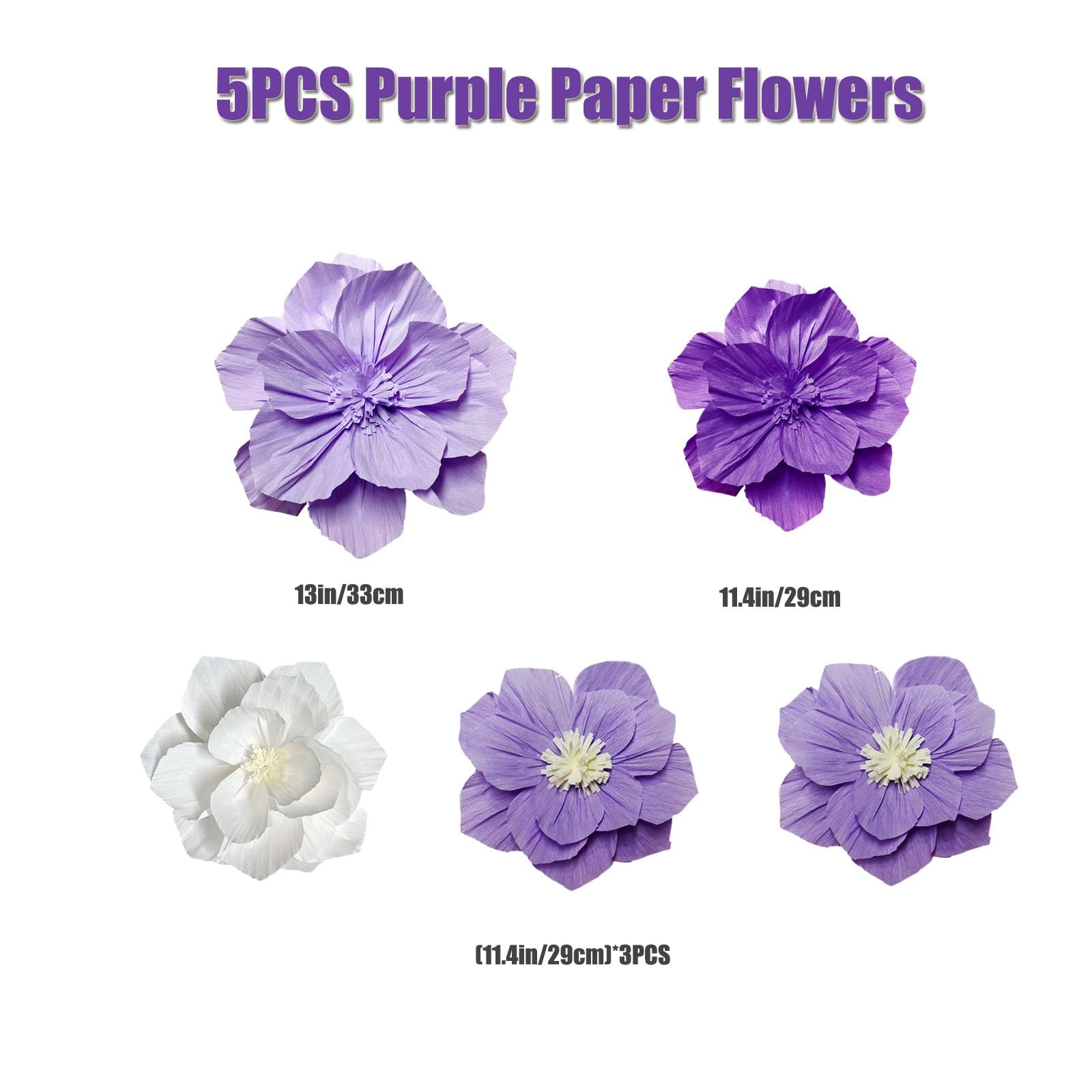 Purple Paper Flowers 5PCS 3D Flower Wall Decor – Violet White Lilac Pom Tissu…