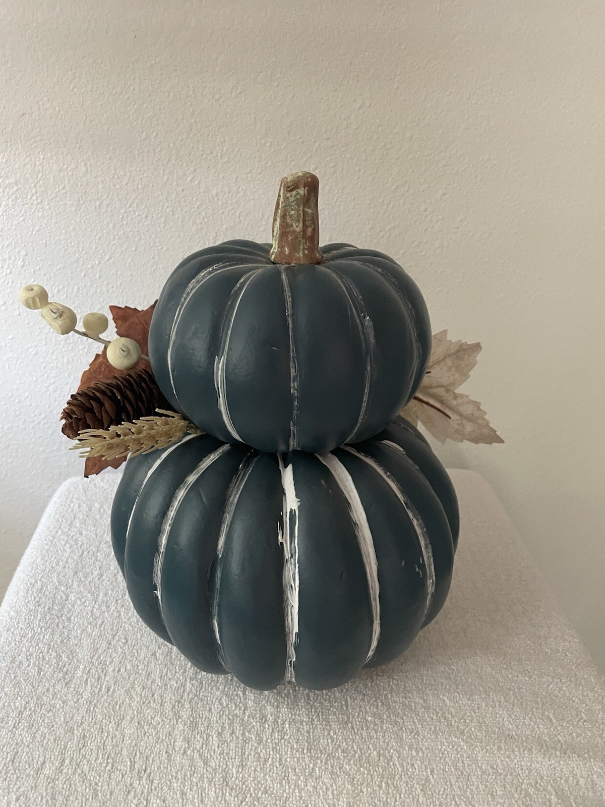 Coastal/Country Blue Stacked Pumpkin Fall Flower Arrangement With Pinecones