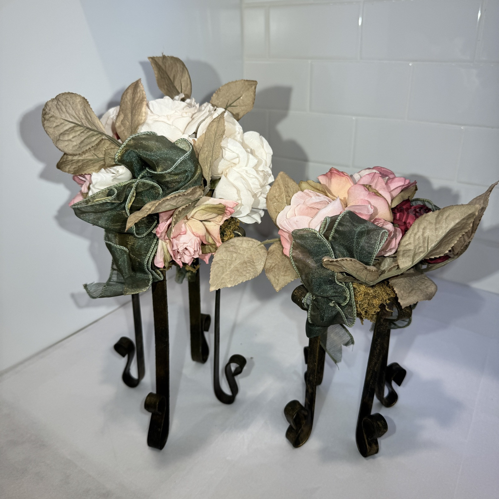 Artificial Pink/Dusty Rose/moss Flower FAUX Bouquet w Iron Legs Green Ribbon