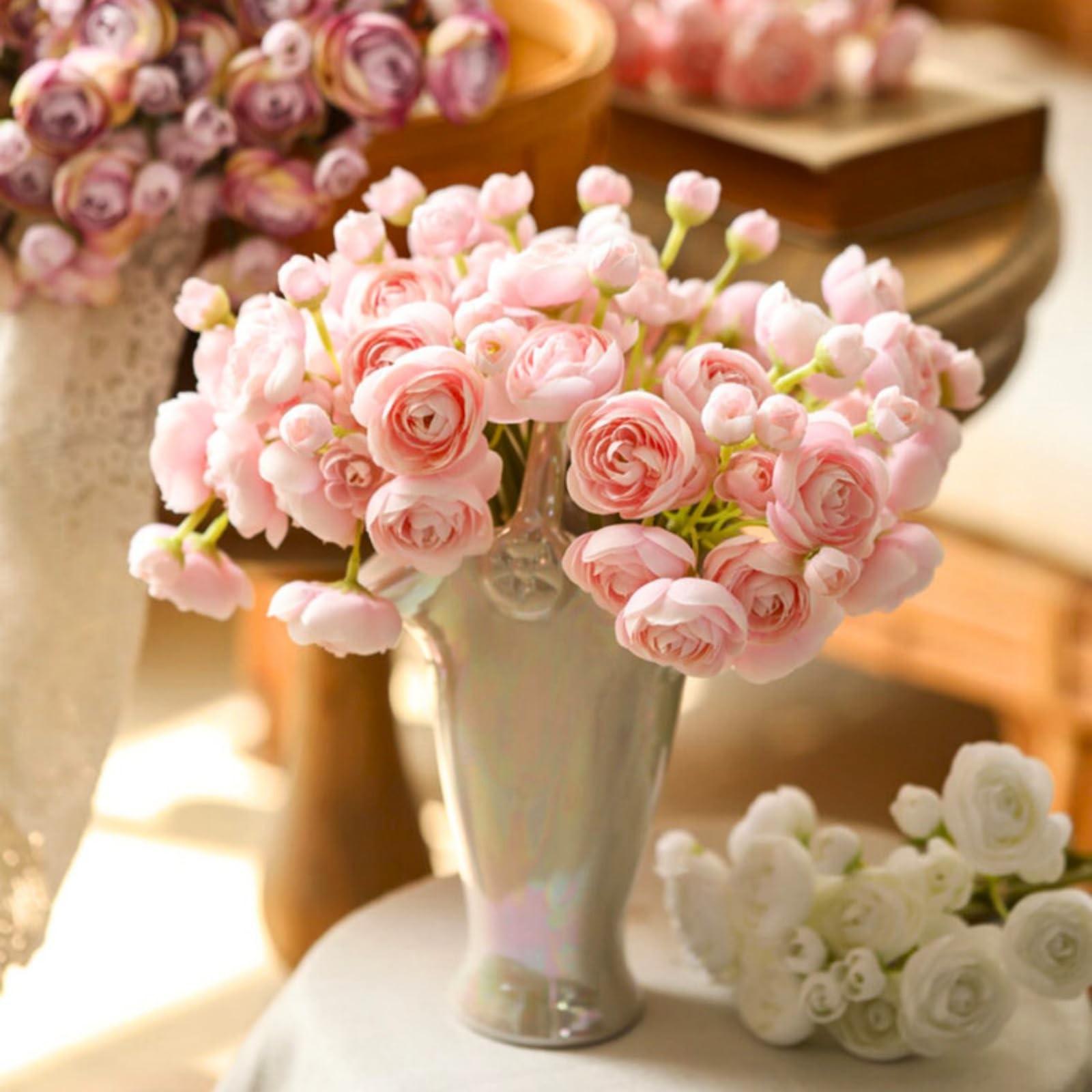 Pink Ranunculus Artificial Flowers Blush Faux Silk Mini Wedding Filler 18 PCS