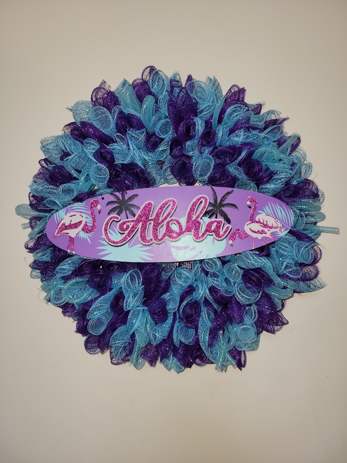 ALOHA Summer Spring Mesh Front Door Wreath Wall Decor BRIGHT Purple Pink Blue