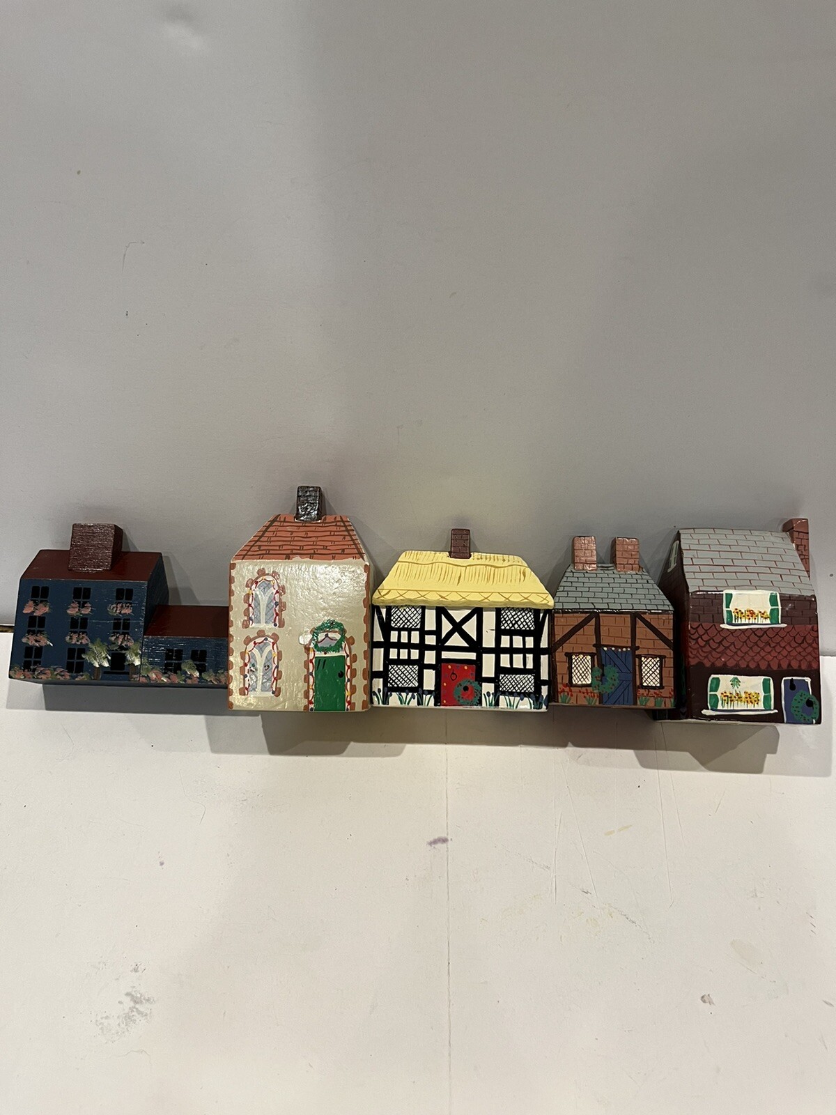 5pc Pier One Imports Handpainted Wood Block Miniature Houses Display Home Decor