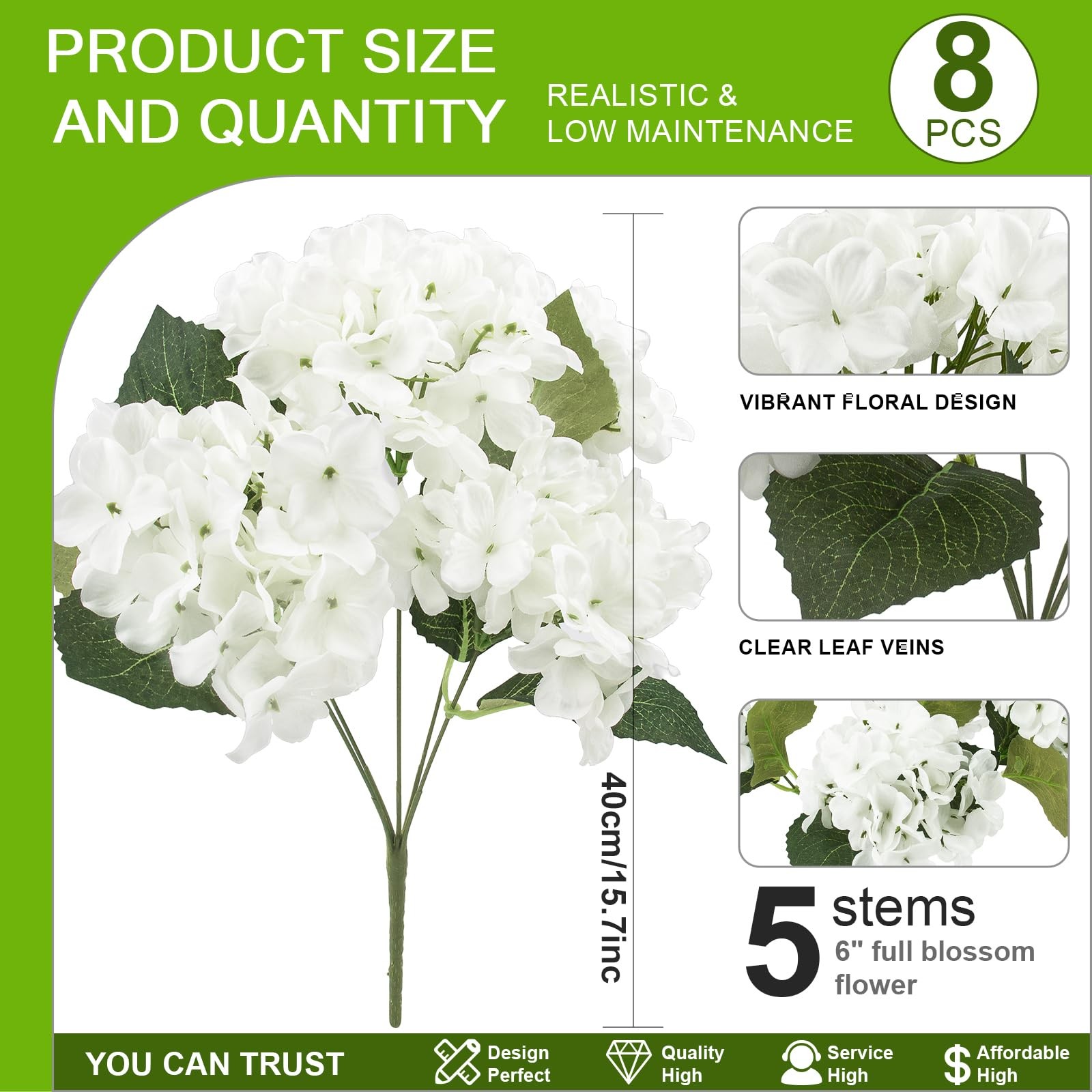 8 Pcs Hydrangea Artificial Flowers Outdoor Silk Bouquets, UV Resistant Faux