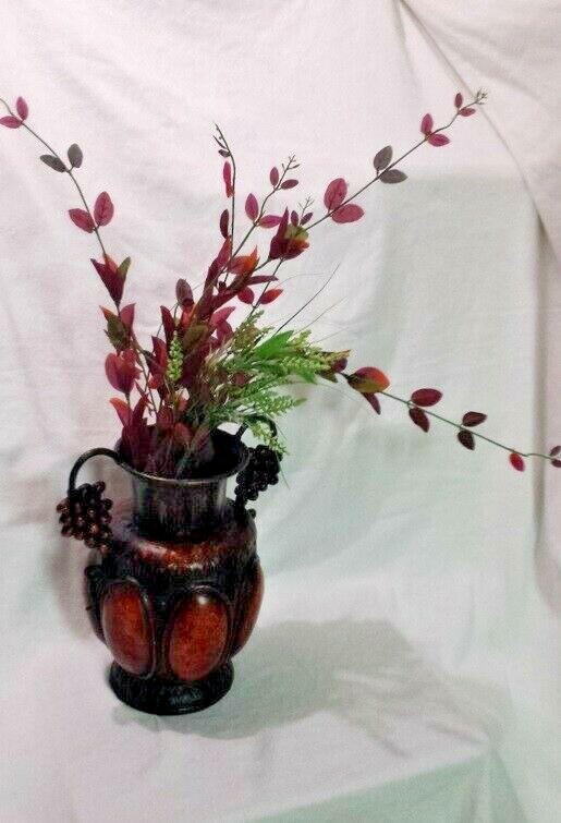 Metal Ornate Vase 13.75″ w/ Artificial Floral Sprigs Heavy Decorative Container
