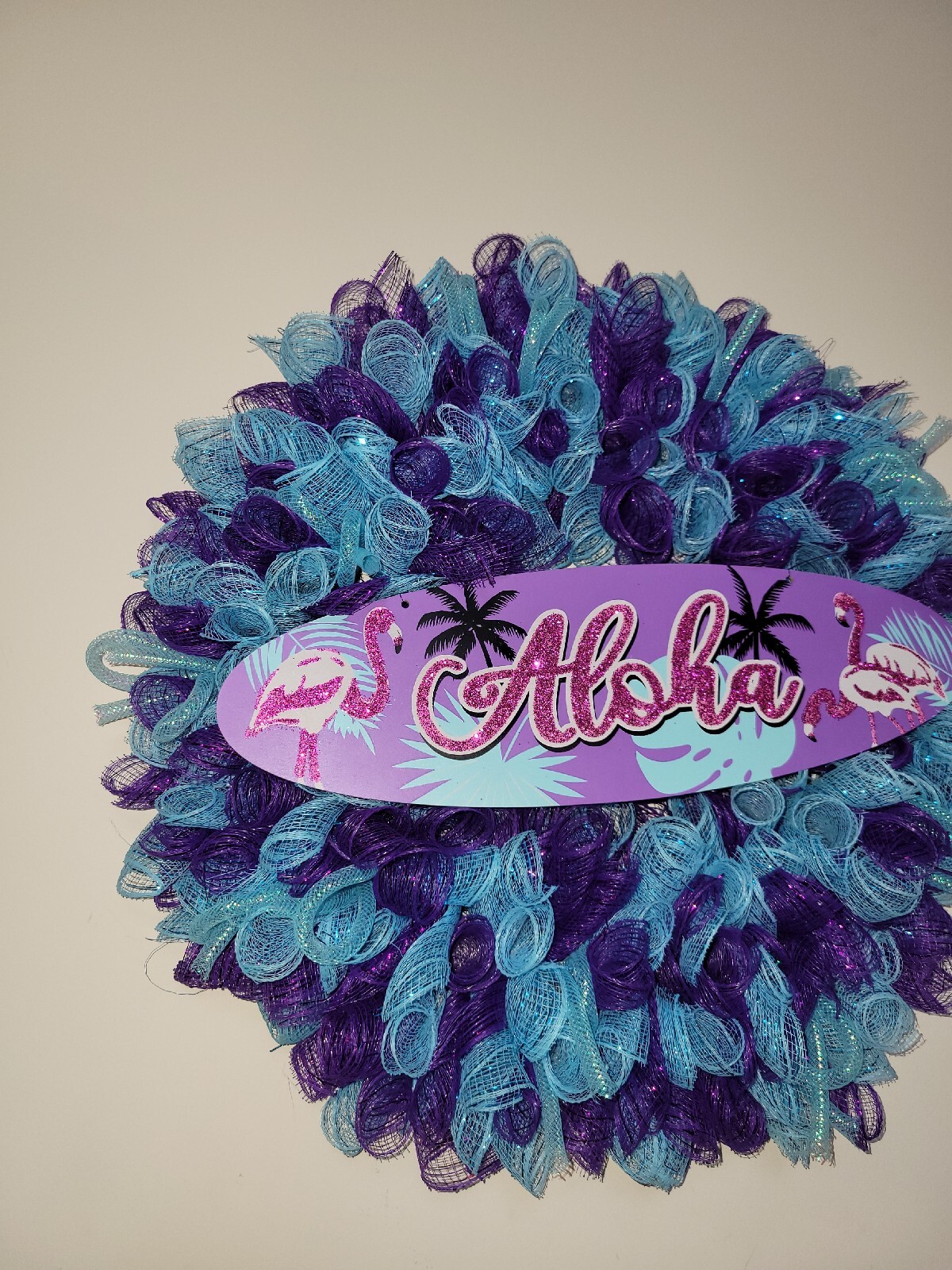ALOHA Summer Spring Mesh Front Door Wreath Wall Decor BRIGHT Purple Pink Blue