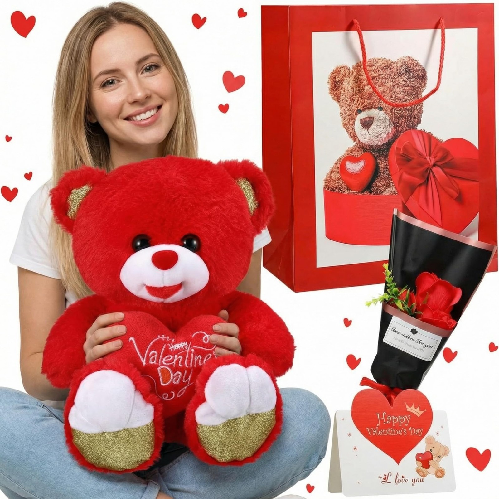 4 Pcs Valentine’s Day Bear Gifts Set Include 12 Inch Heart Bear Artificial Ro…