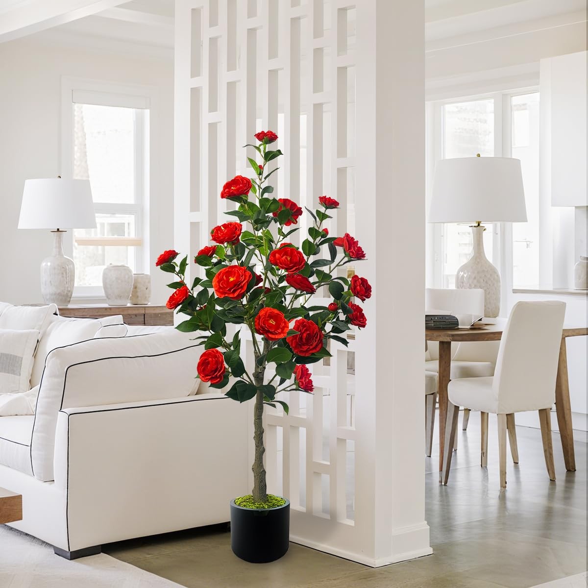 48” Artificial Camellia Tree with Red Flower in Pots -2 Pack 4FT Faux Camell…