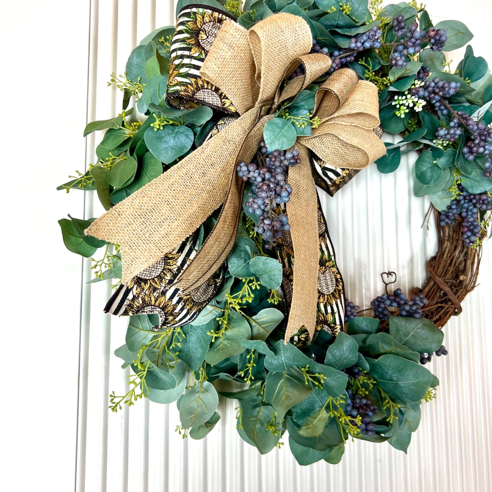 Everyday Farmhouse Silver Dollar Eucalyptus Wreath with Berries Handcrafted Home