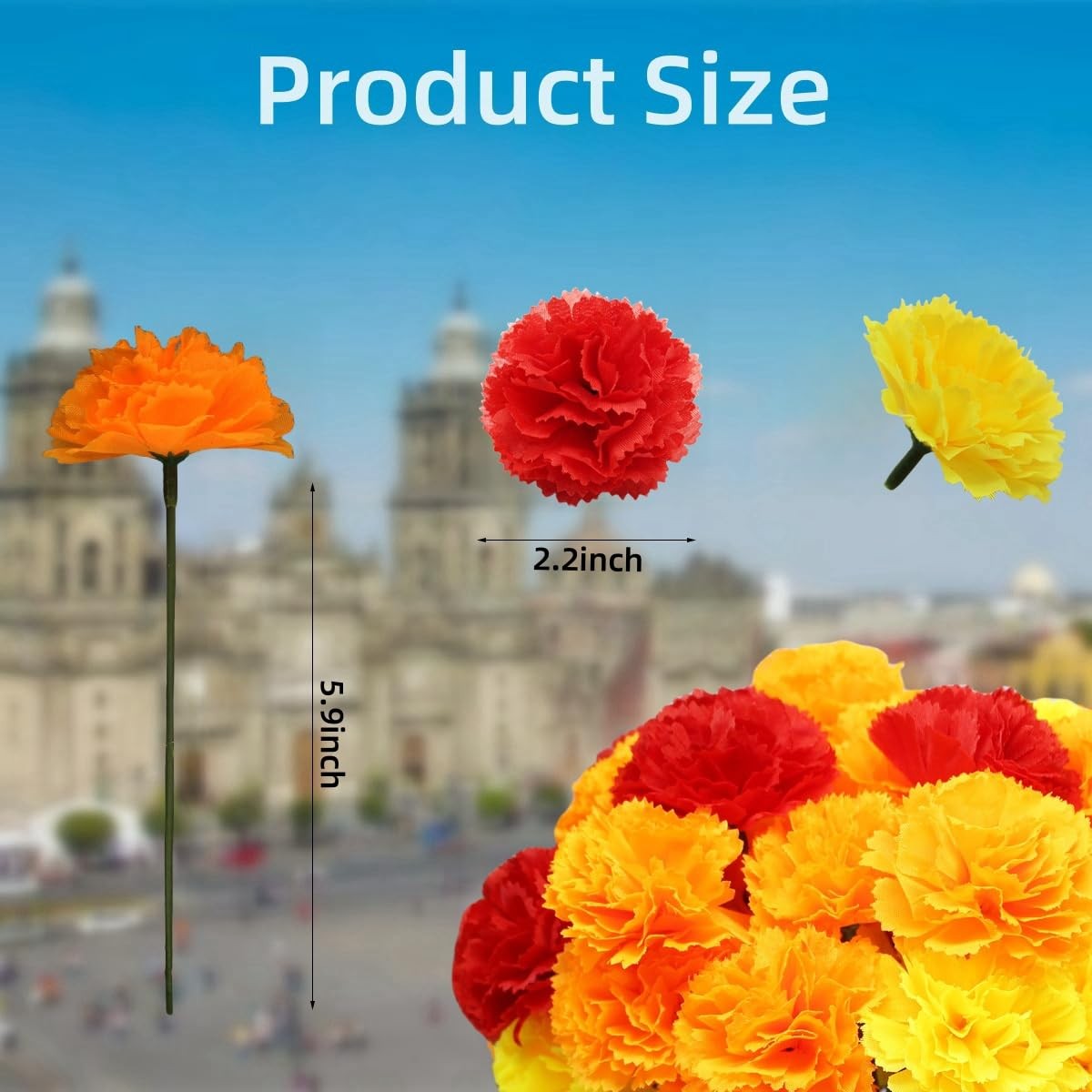 Marigold Artificial Flowers 60 PCS, Faux Silk Day Dead Diwali Decor Orange