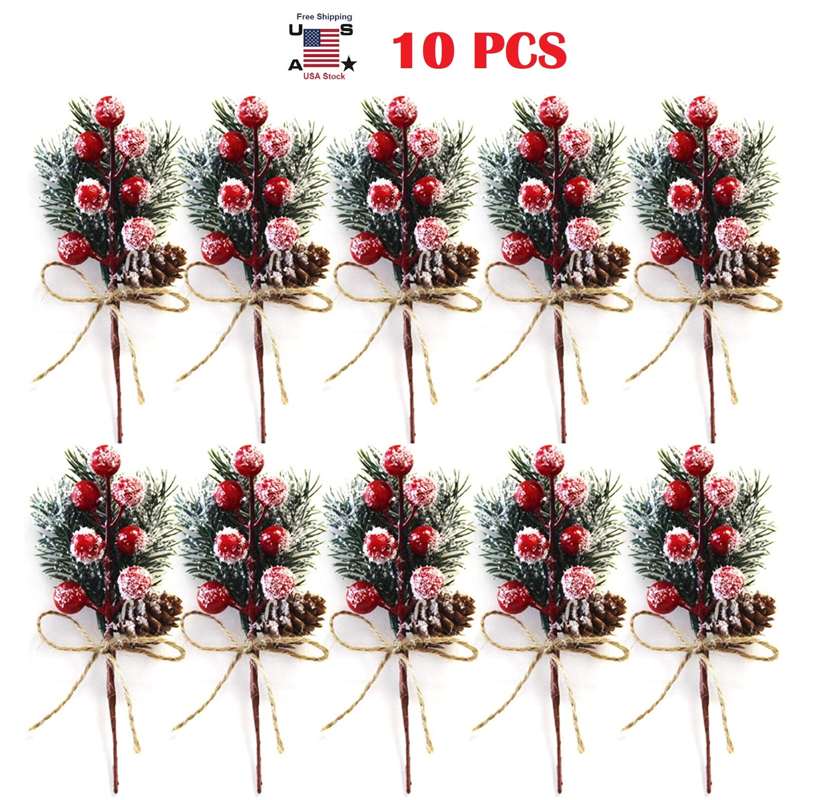 10×Pieces Artificial Pine Picks Christmas Tree Picks with White Berries Pinecone