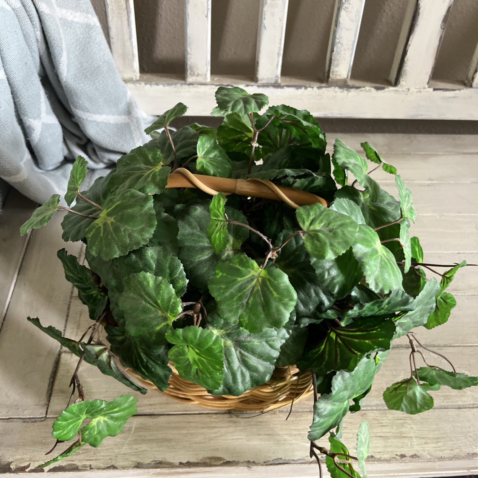 Vintage Faux Artificial Begonia Leaf Plant In Wicker Basket7.5”Tx8.5”Wx6.5”D