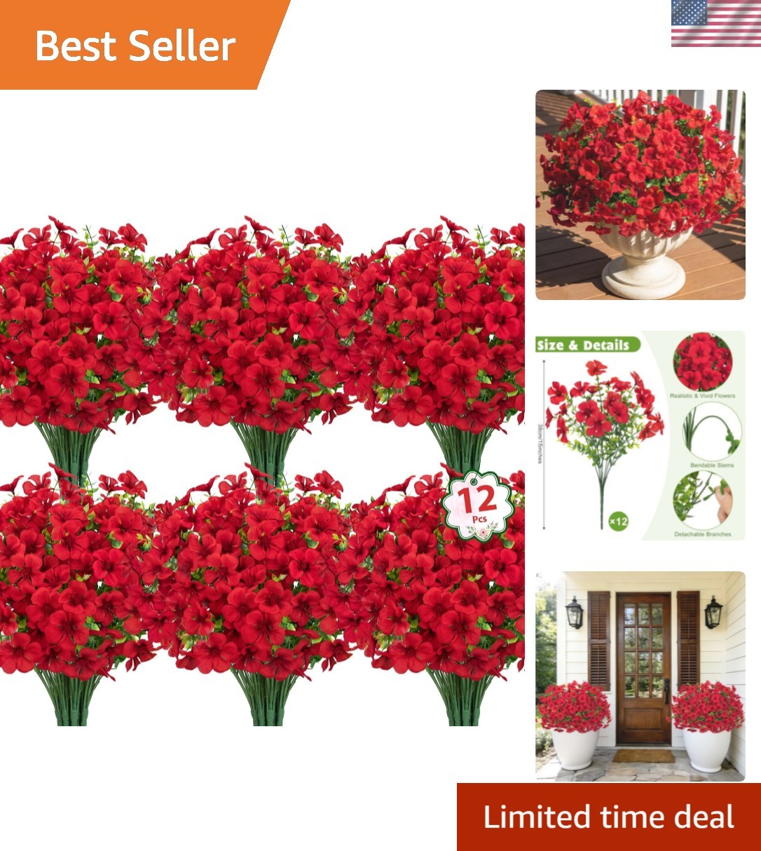 12 Pcs Artificial Geranium Flowers for Outdoors, Silk Fake Flowers with Eucal…