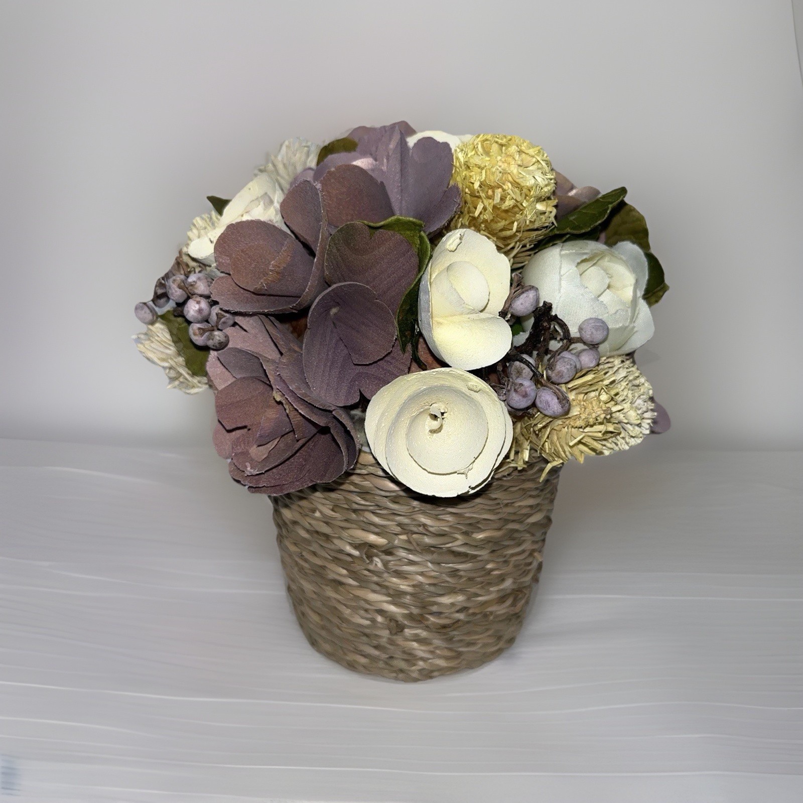 Sola Wood Rose Floral Arrangement Lavender Mauve Ivory Faux Flower Weave Basket