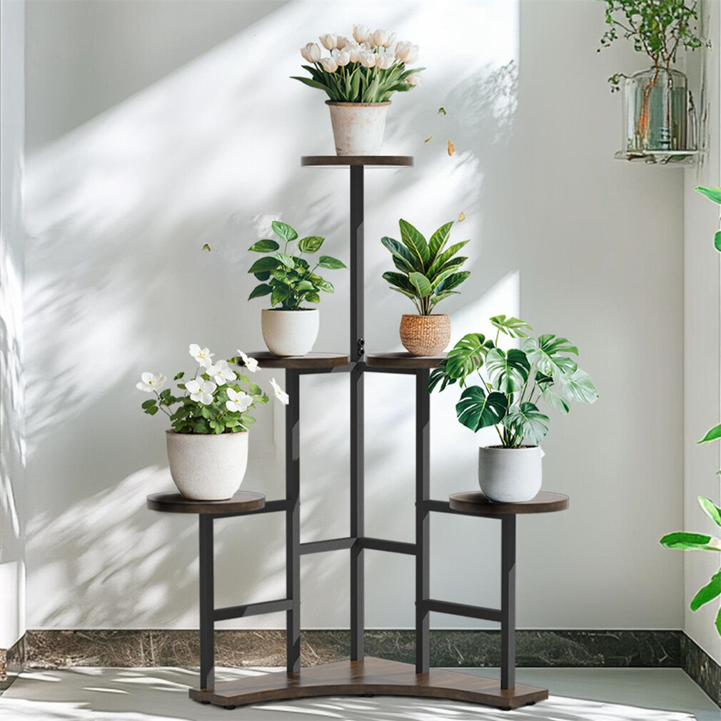 Rustic Metal Wood Corner Plant Shelf 6 Tiered Flower Stand Balcony Rustic Brown