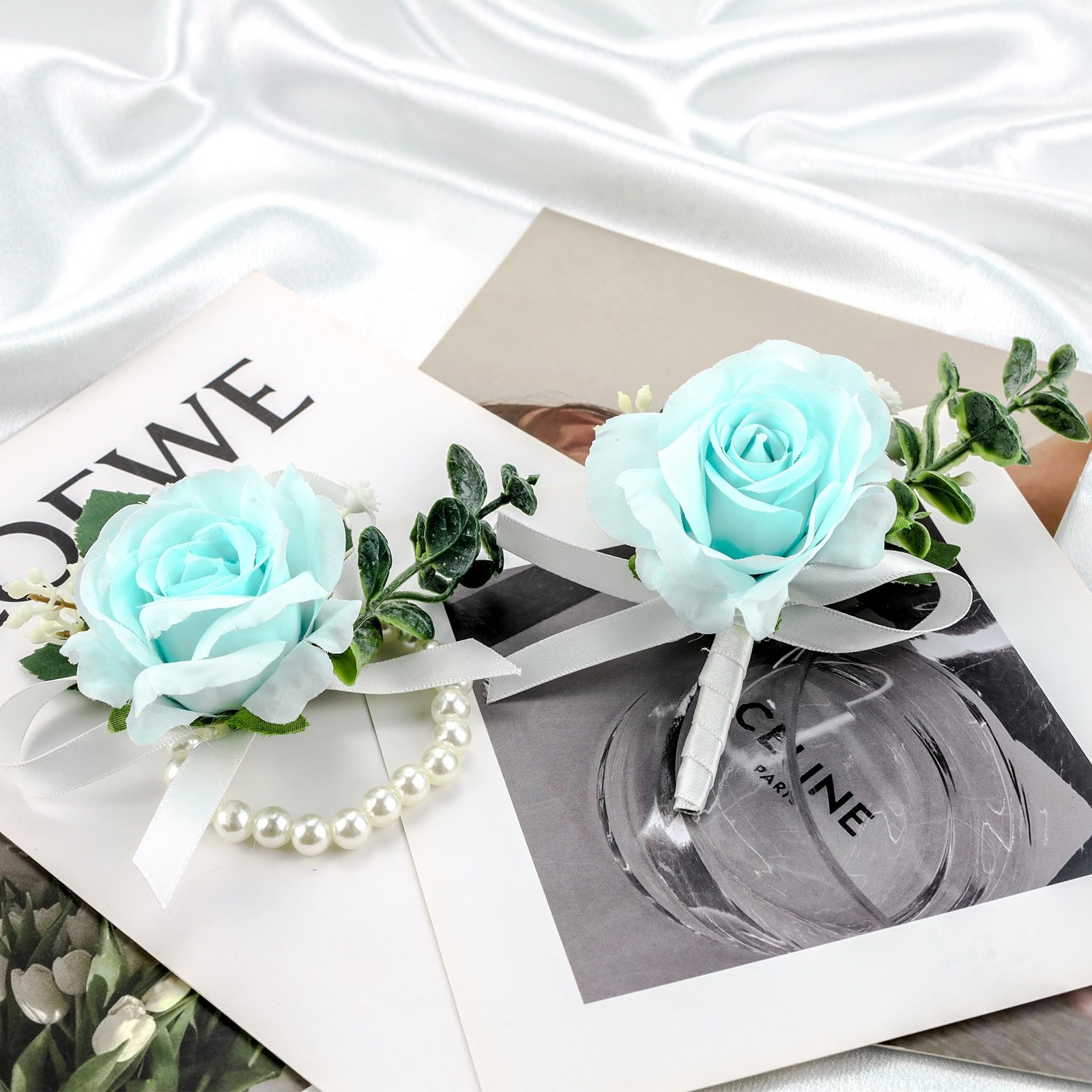 Light Blue Wrist Corsage Boutonniere Set Prom Wedding Men Flowers Party 2 PCS