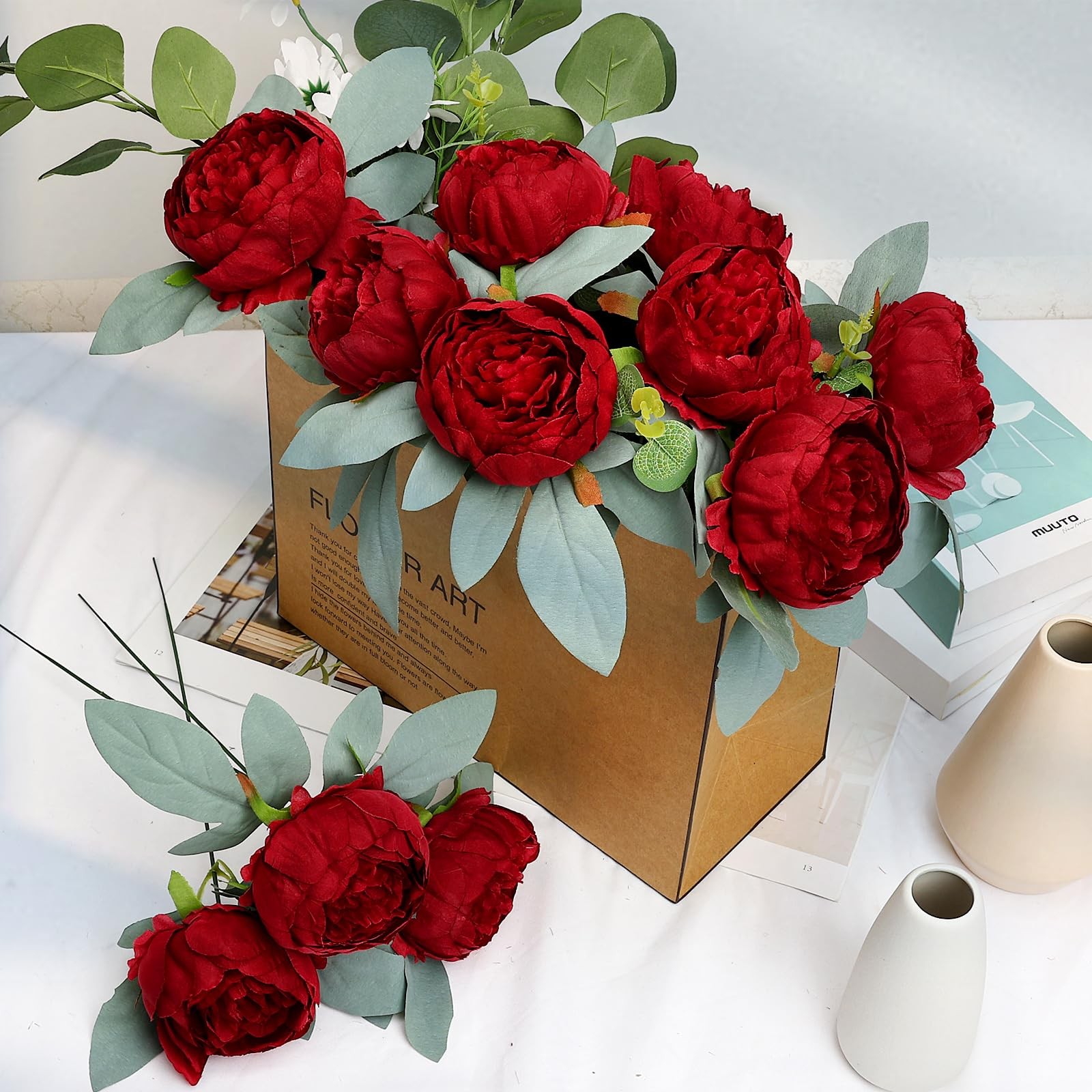 50 PCS Burgundy Artificial Peonies Fake Flowers Faux Silk Arrangements