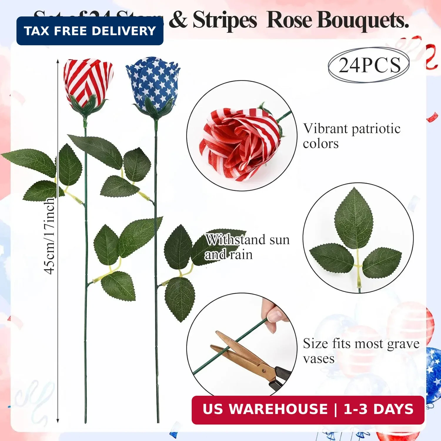 24 Pcs Patriotic Artificial Flowers 17” Red White and Blue 4th of July Flower S