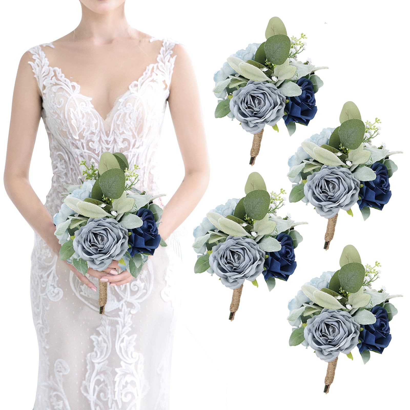 4 PCS Artificial Bridesmaid Bouquets Silk Rose Flowers Bouquet Wedding 7 Inch