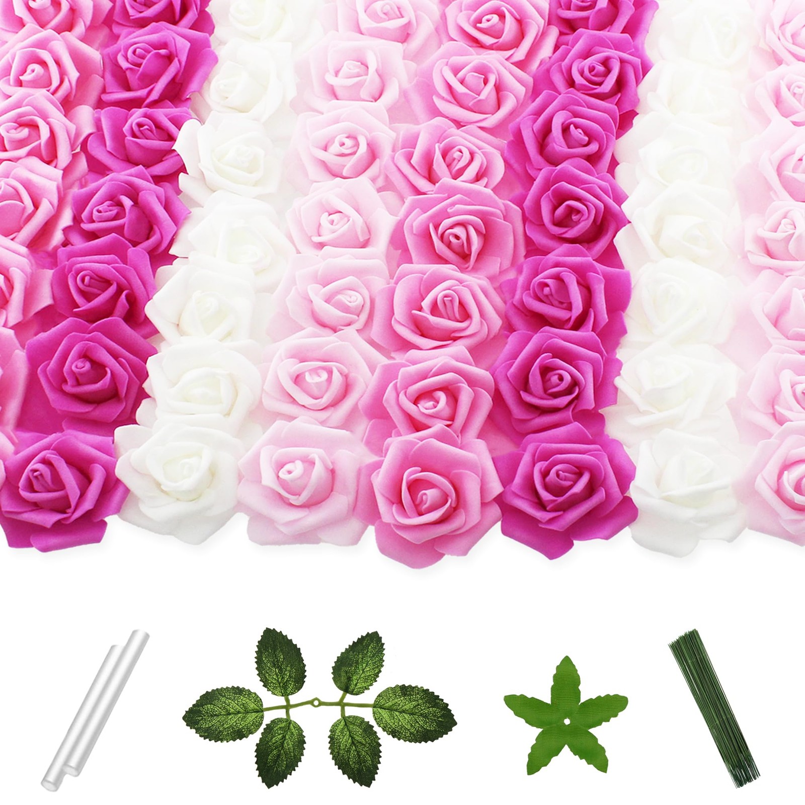 100 PCS Artificial Flowers 2 Inch Foam Fake Rose Head Pink White Bulk Craft