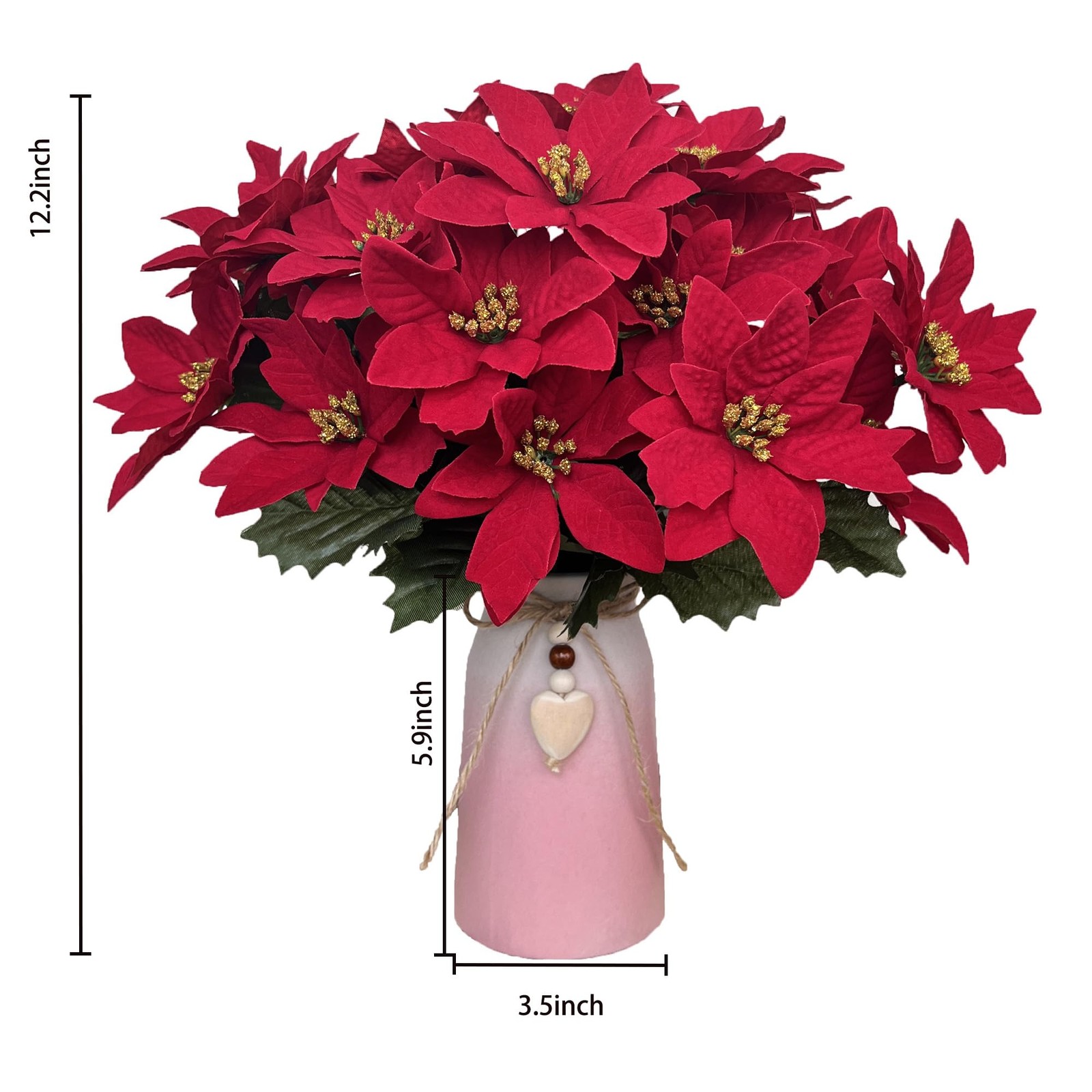 Red Artificial Poinsettia Faux Christmas Flower Arrangement Pink Vase Decor