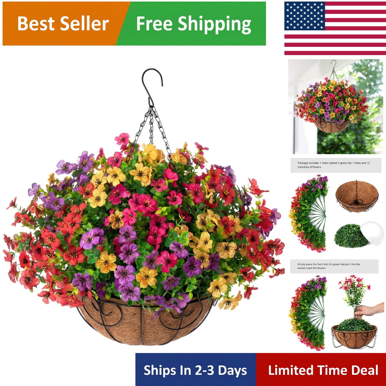 Elegant Faux Hanging Flower Basket with UV Resistant Daisies & Eucalyptus