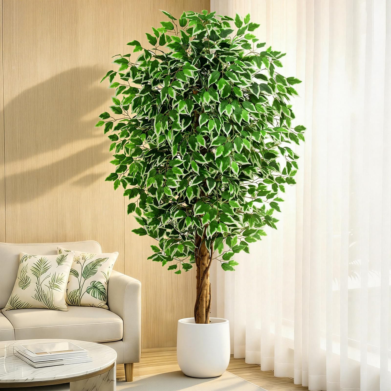 6.2ft Ficus Artificial Trees with 3 Natural Curved Trunks, 74″ Tall Lush Faux…