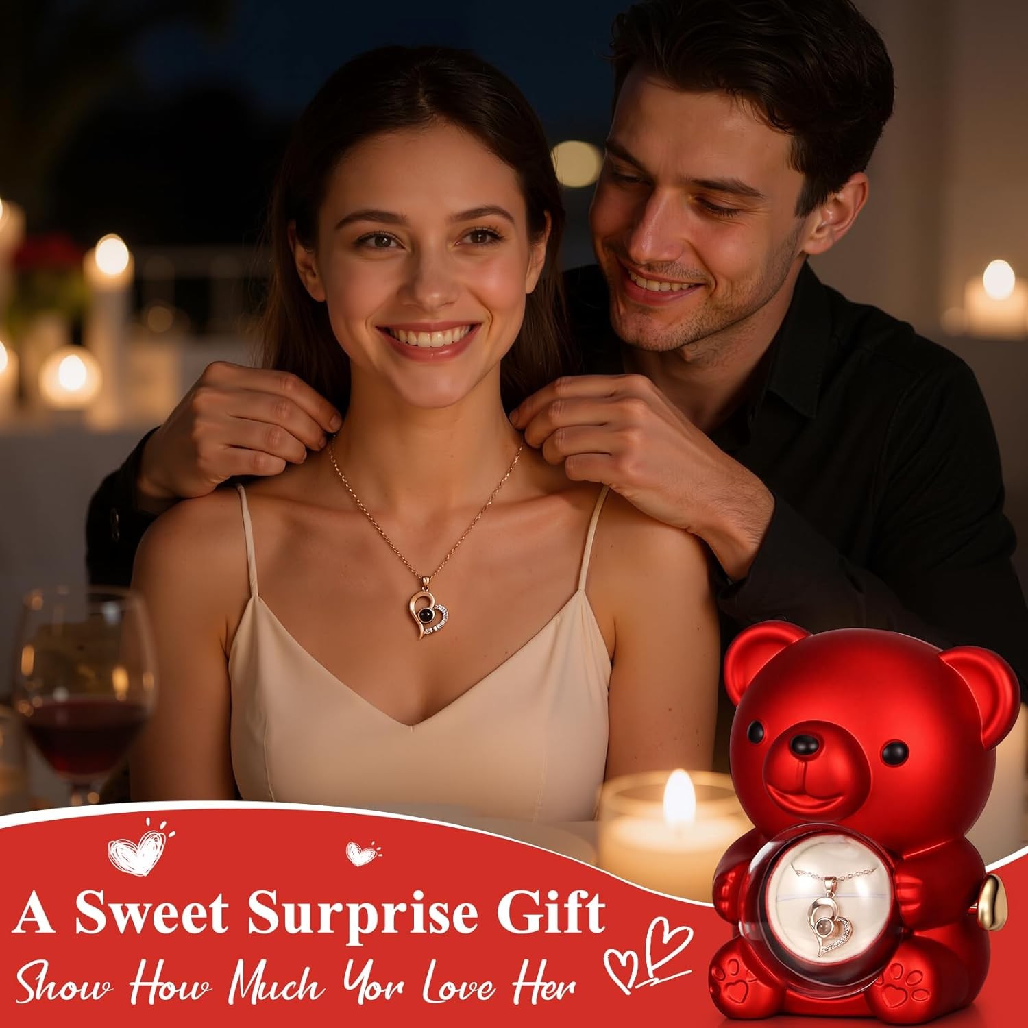 Cute Teddy Bear with Preserved Rose, Hidden Surprise Necklace Rotating Gift Box