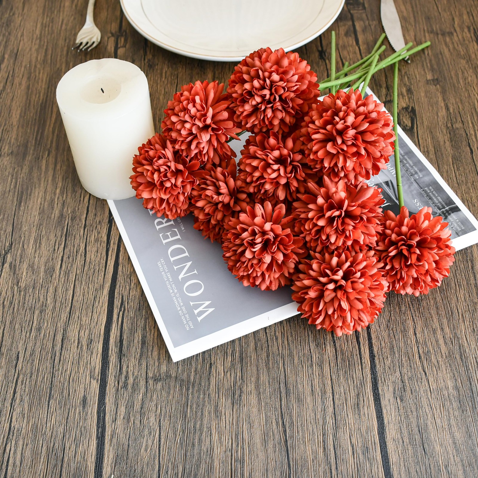 12 PCS Burnt Orange Chrysanthemum Artificial Silk Mums Flowers Centerpiece