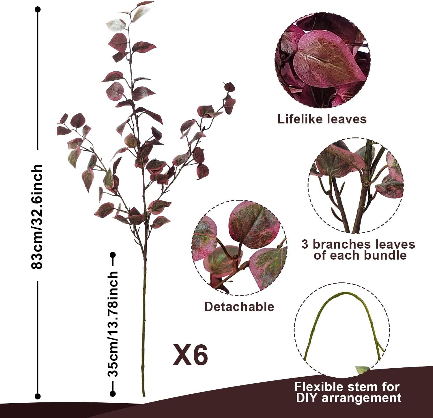6PCS Burgundy Eucalyptus Stems – Lifelike Faux Fall Flowers for Home Decor