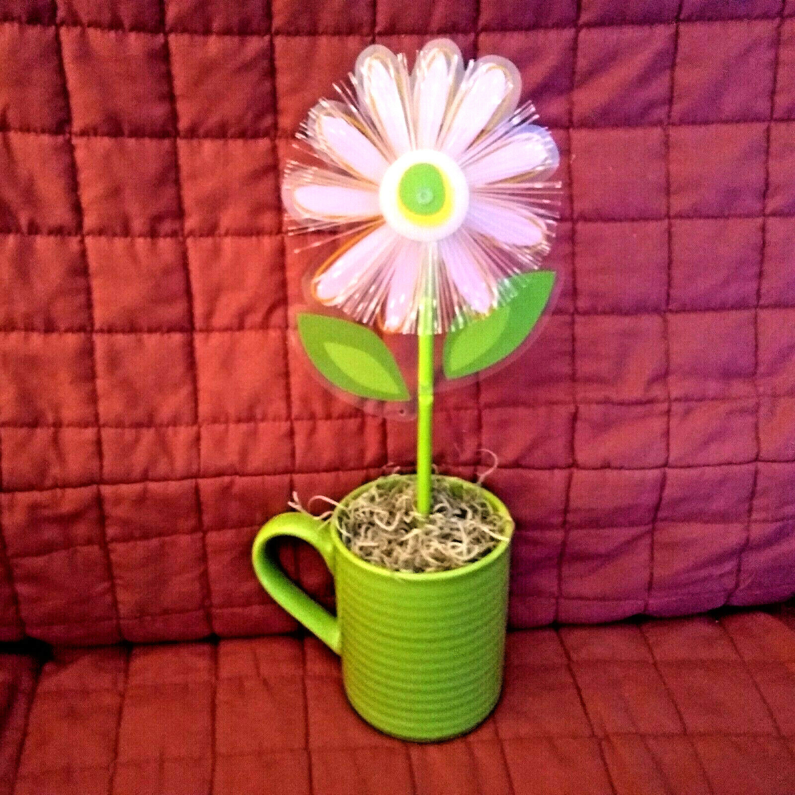 Fiber Optic Color Changing Plastic Flower Daisy in a Green Ceramic Mug Pot