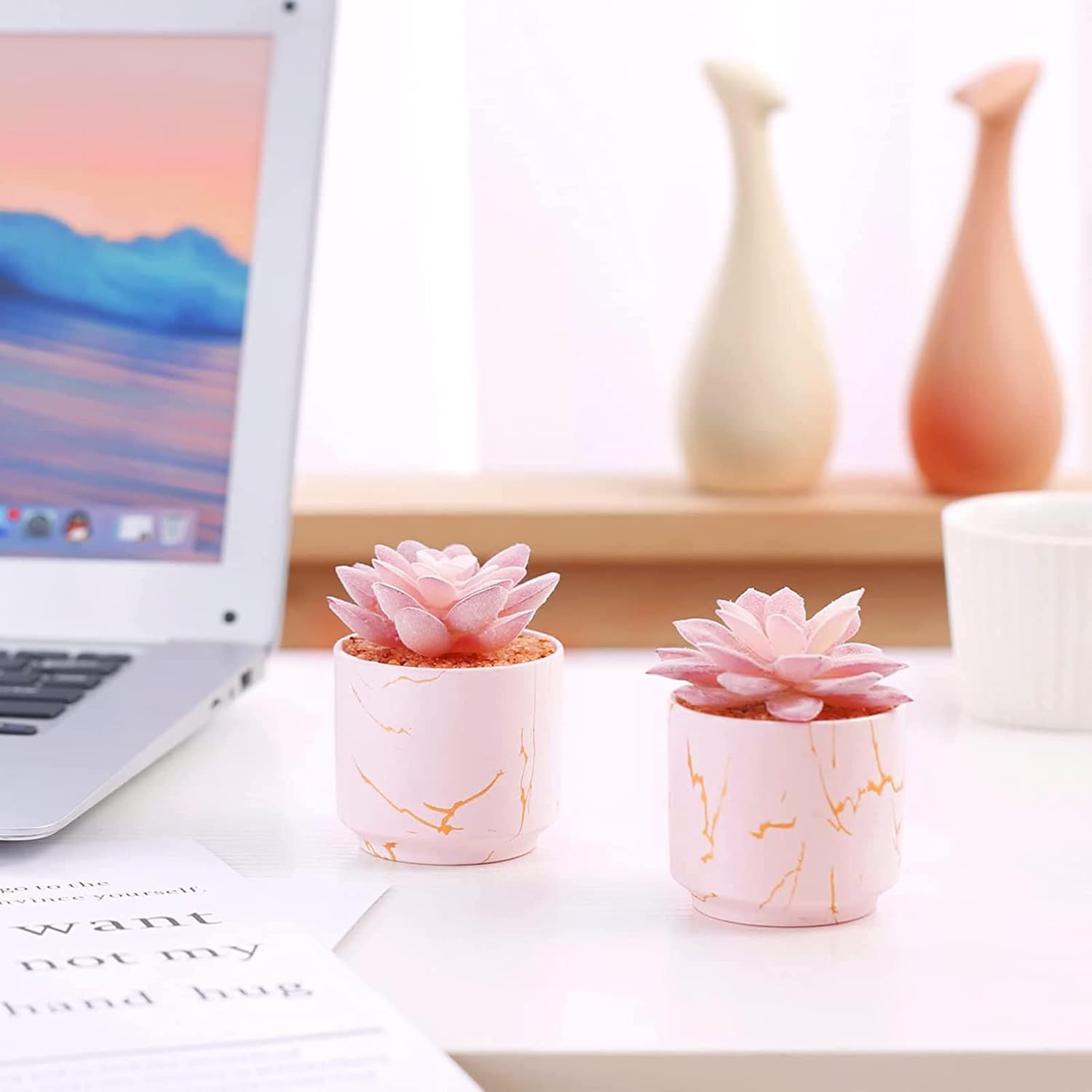 Succulent Artificial Plants,Cute Fake Succulents in 2 Pink Ceramic Pots,Small Fa