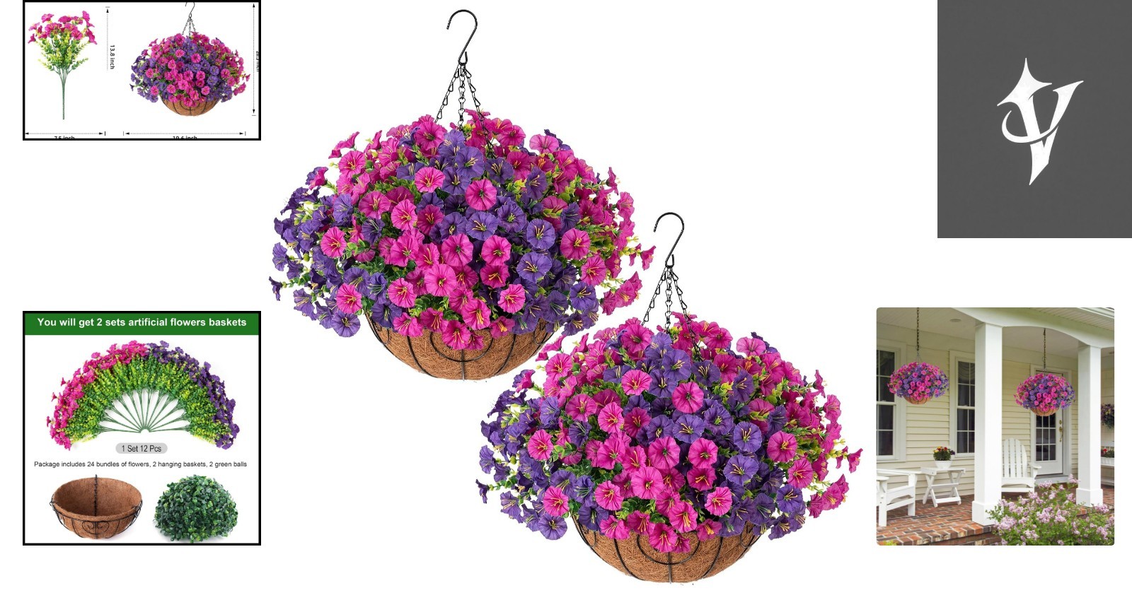 2 Set UV Resistant Faux Silk Morning Glory Hanging Baskets for Outdoor Elegance