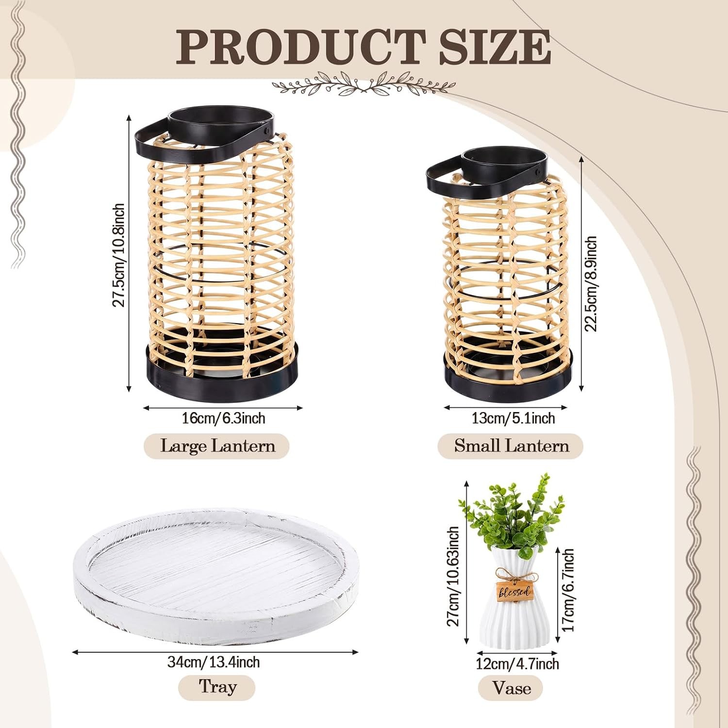 6 Pcs Natural Rattan Boho Lanterns Rustic Farmhouse Decor Dining Table