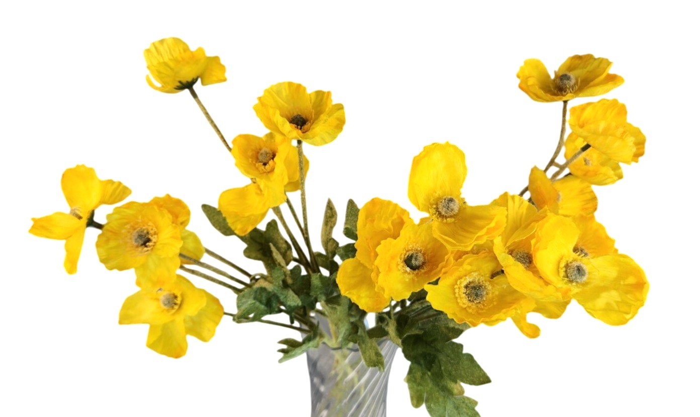 Yellow Artificial Poppy Flower Stems Silk & Plastic Foliage Single Stem Realisti