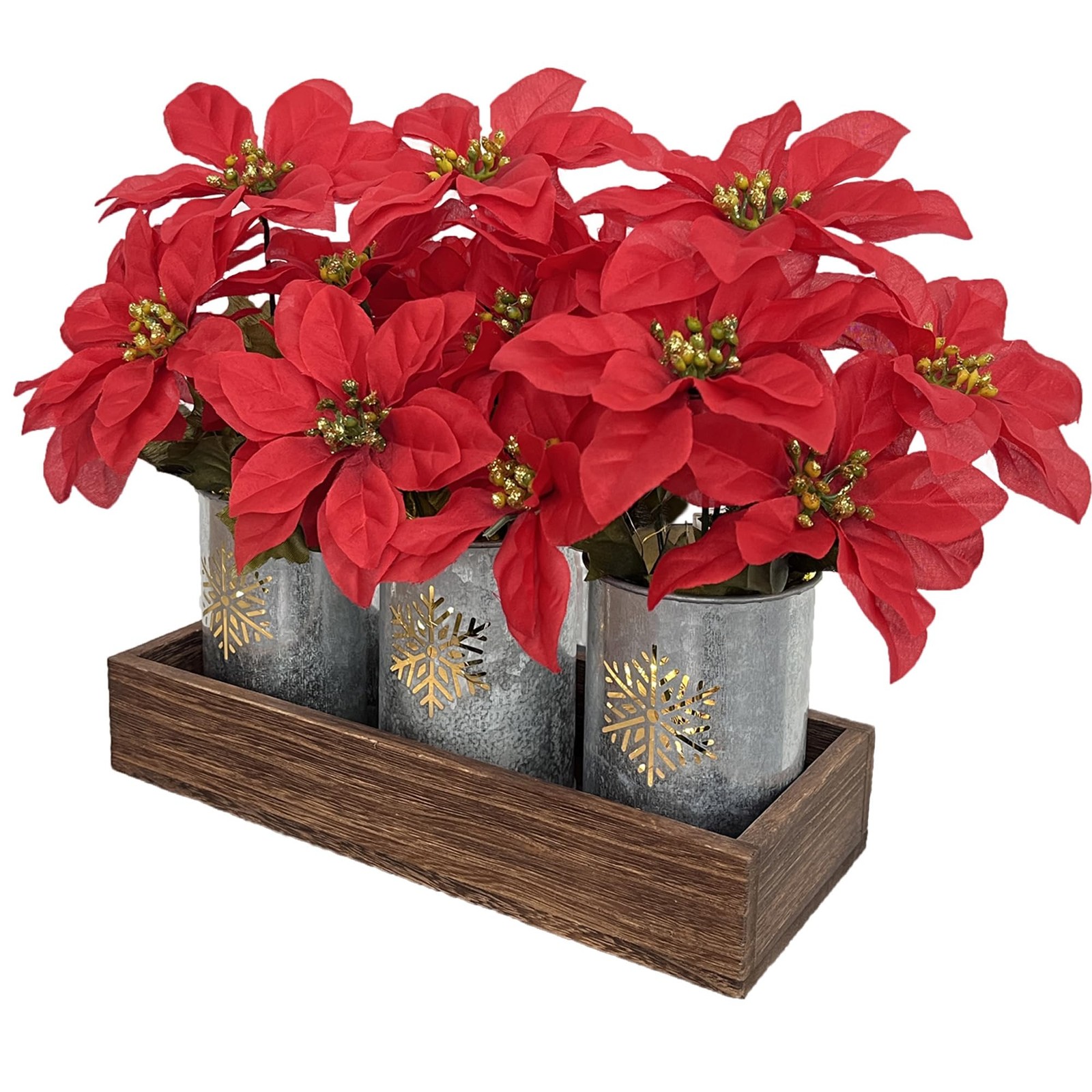 3 PCS Artificial Poinsettia Flower Arrangement Galvanized Pot Wood Tray Lights