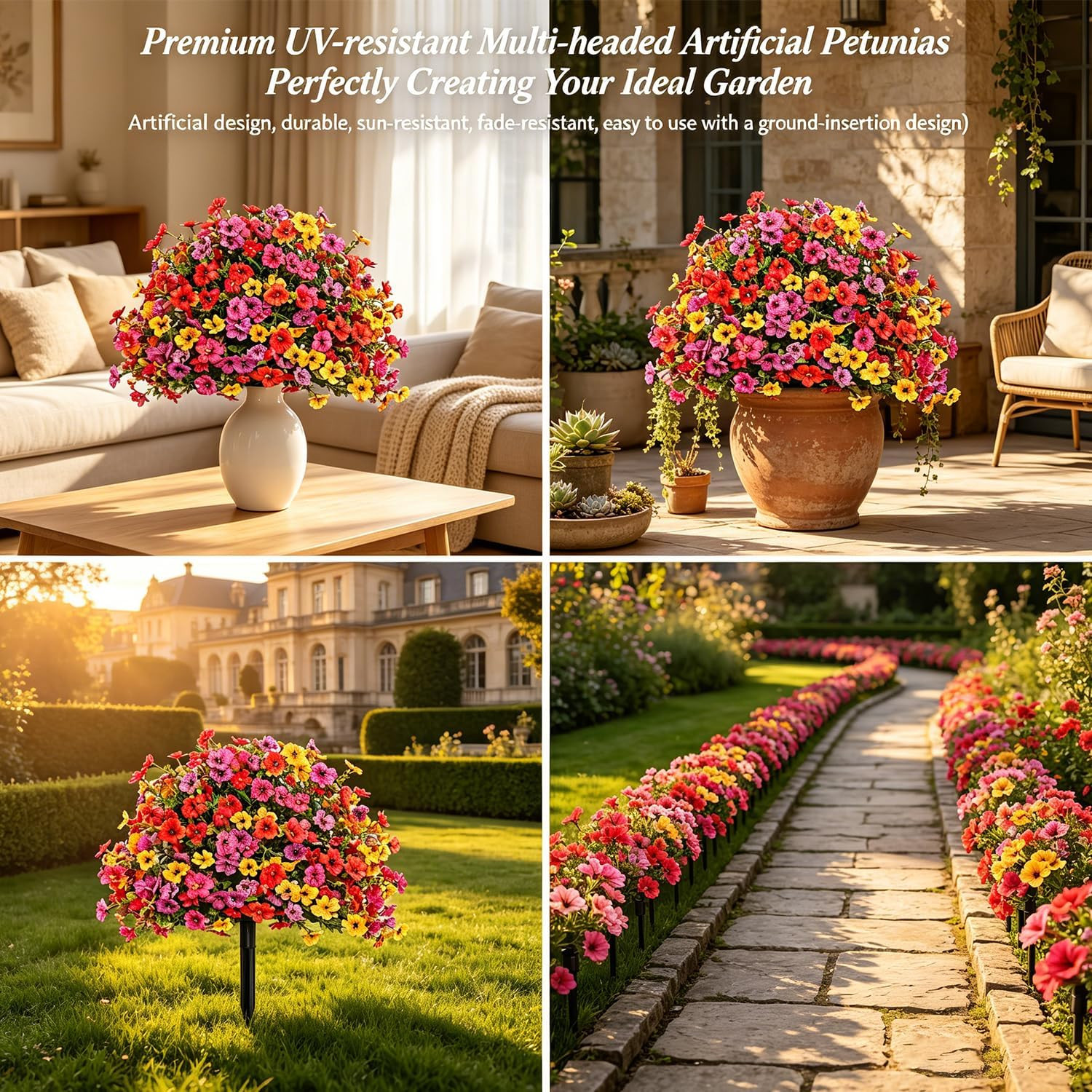 Artificial Petunias with Ground Stake, 22″ Faux Flowers for Outdoor Planters, Li