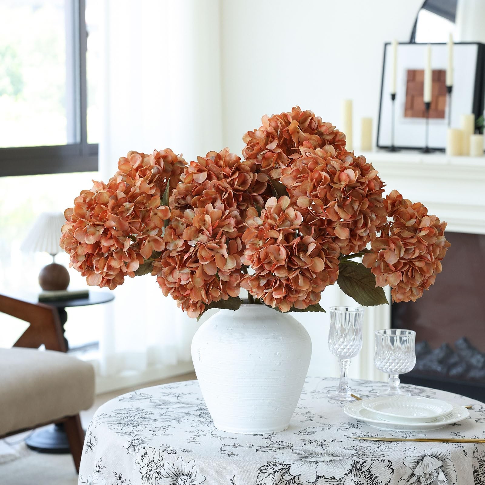 4Pcs Burnt Orange Artificial Hydrangeas Flowers Large Fake Silk Hydrangea Flo…